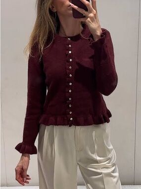 Zara Burgundy Ruffle-Hem Button Cardigan